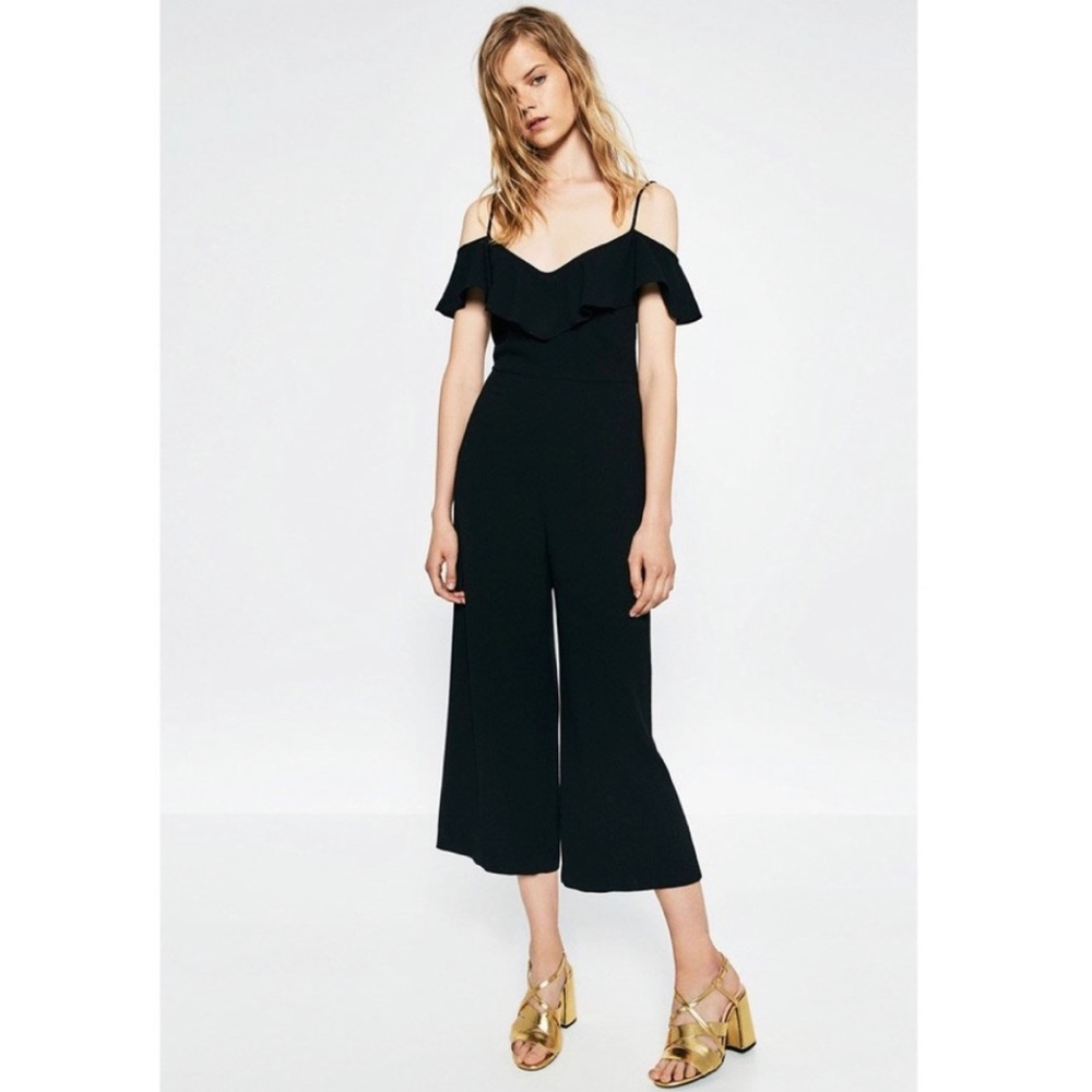 Zara Off The Shoulder Wide Leg Ruffle Jumpsuit